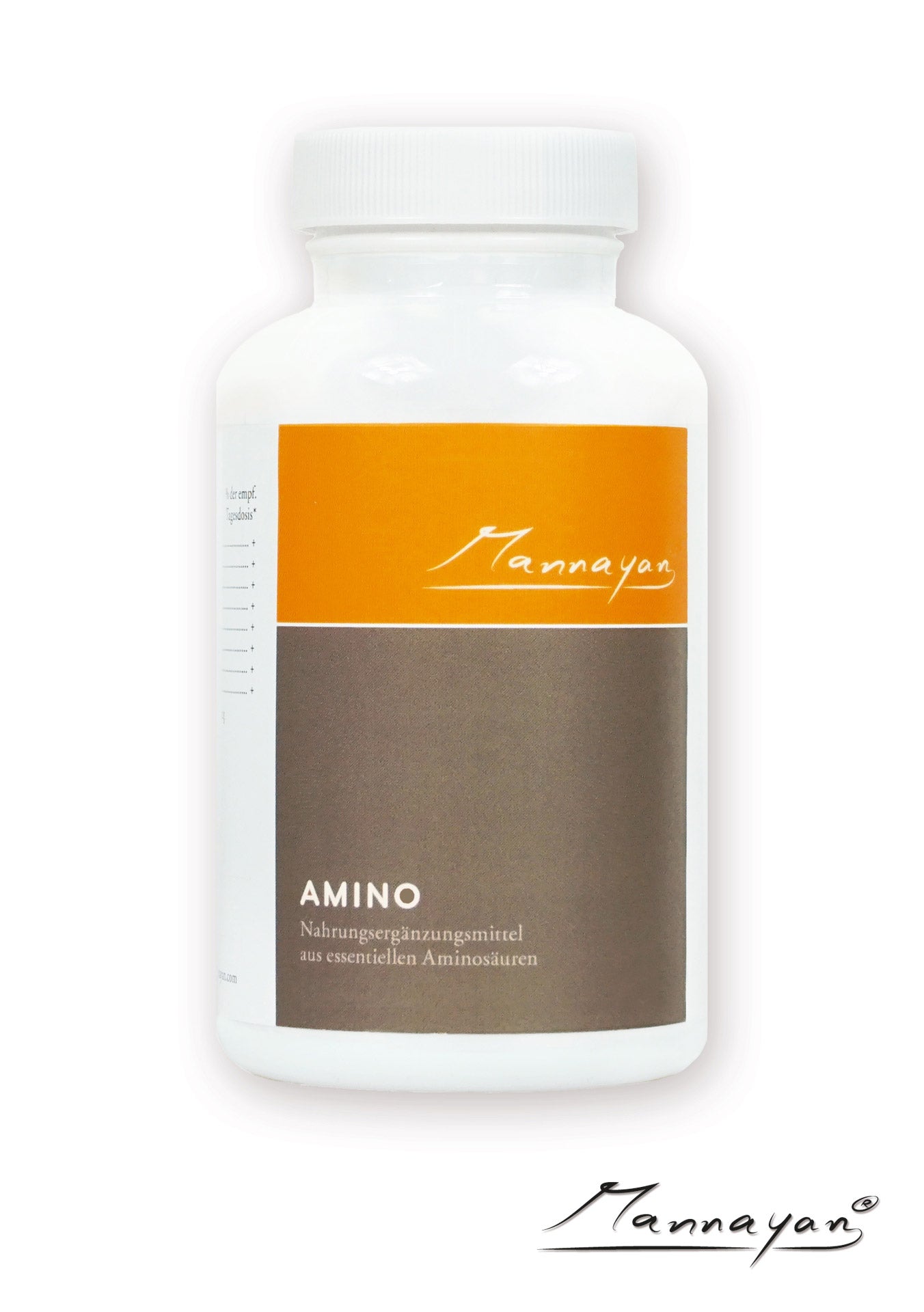 Mannayan AMINO Nahrungsergänzungsmittel – braune Glasdose mit weißem Deckel und orangem Mannayan-Etikett, 120 Tabletten mit allen acht essentiellen Aminosäuren, rein pflanzlich-Premium Produkt