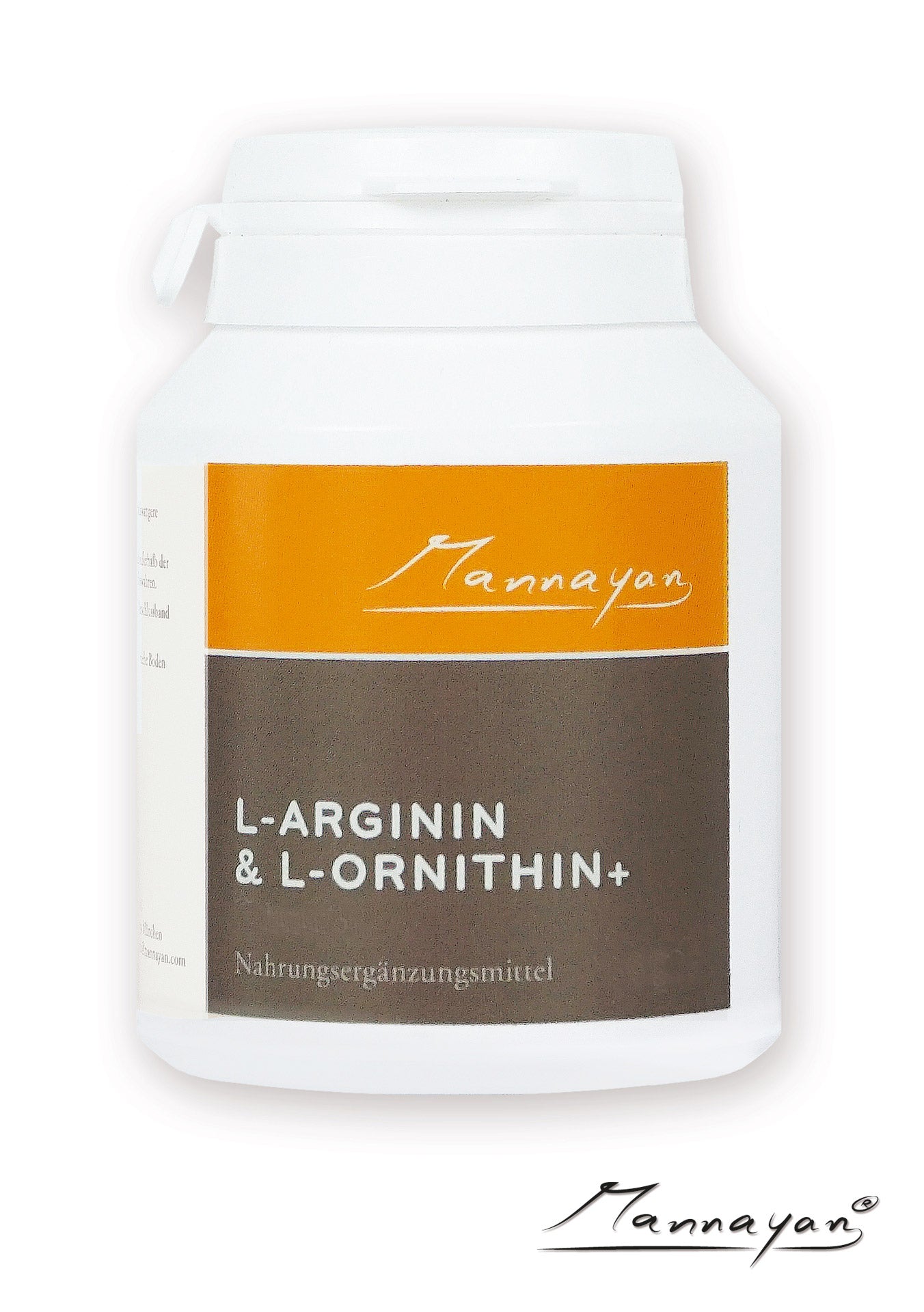 Mannayan L-ARGININ & L-ORNITHIN+ Nahrungsergänzungsmittel – braune Glasdose mit weißem Deckel und orangem Mannayan-Etikett, 60 Kapseln mit L-Arginin HCL und L-Ornithin HCL, vegan-Premium Produkt
