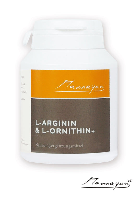 Mannayan L-ARGININ & L-ORNITHIN+ Nahrungsergänzungsmittel – braune Glasdose mit weißem Deckel und orangem Mannayan-Etikett, 60 Kapseln mit L-Arginin HCL und L-Ornithin HCL, vegan-Premium Produkt
