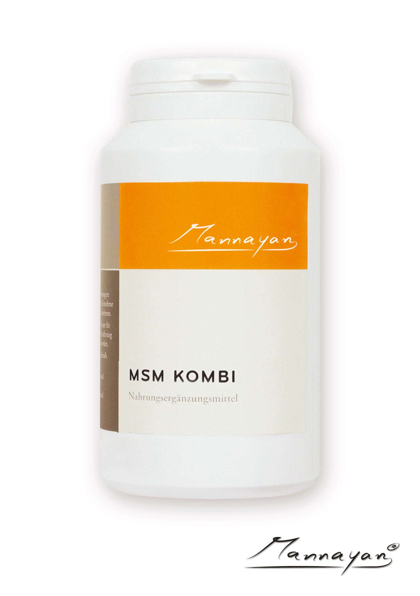 Mannayan MSM Kombi Nahrungsergänzungsmittel – weiße Kunststoffdose mit orangem Etikett, 90 Kapseln mit MSM, Chondroitin, Glucosamin und Hyaluronsäure