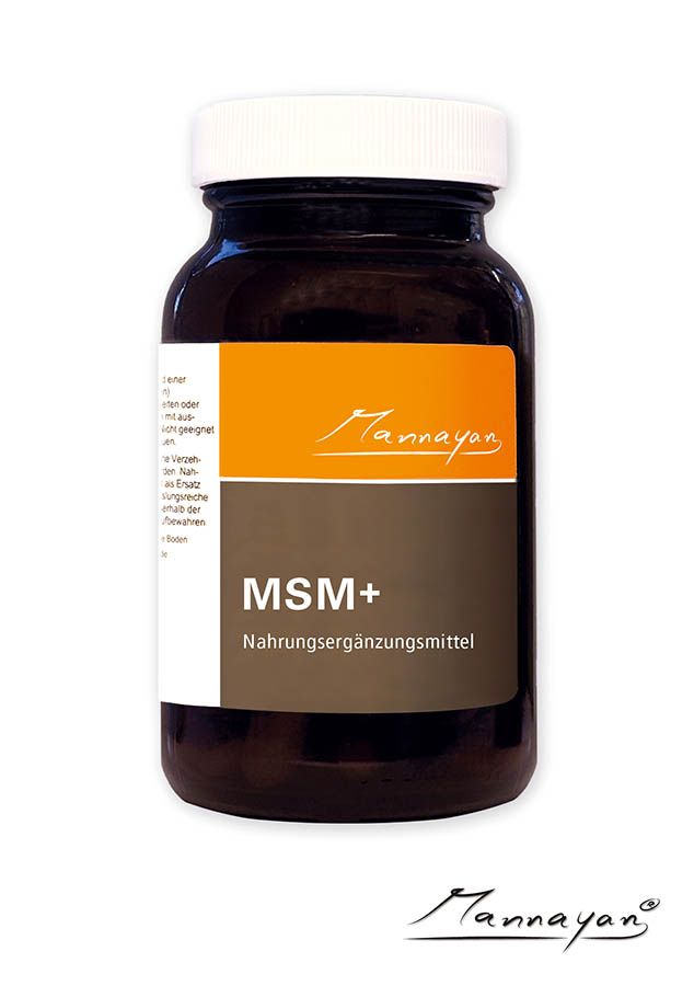 Mannayan MSM+ Nahrungsergänzung – dunkle Glasdose mit orangem Mannayan-Etikett, 60 MSM-Tabletten à 1000 mg. Organischer Schwefel-Premium Produkt