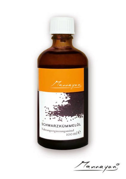 Mannayan Bio-Schwarzkümmelöl – braune Glasflasche 100 ml mit weißem Tropfverschluss und orangem Mannayan-Etikett, kaltgepresstes Nigella sativa Öl aus biologischem Anbau

