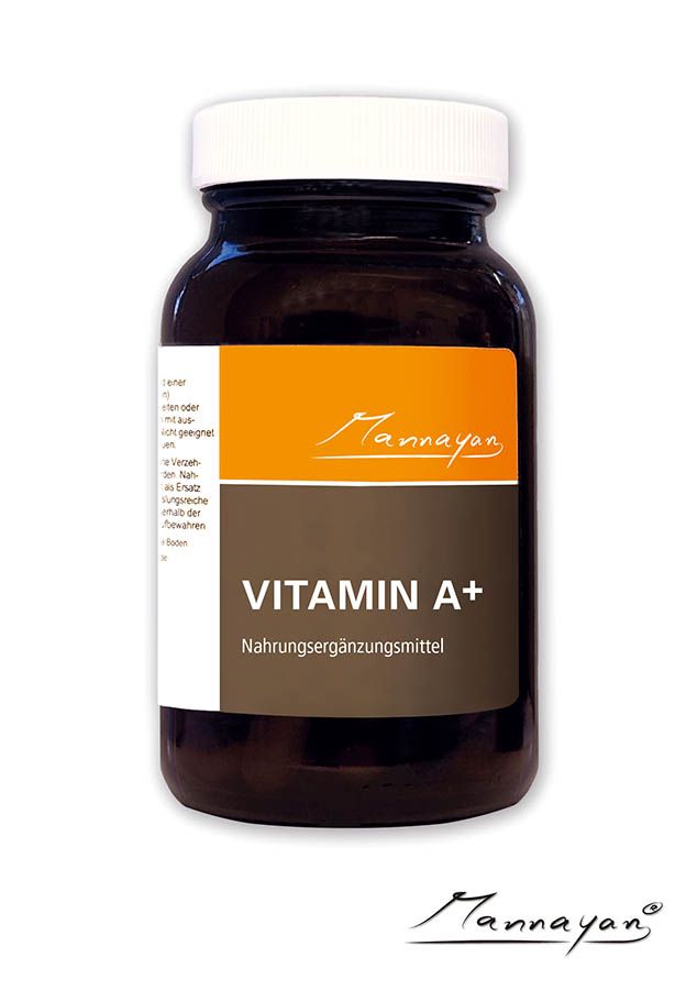 Mannayan VITAMIN A+ Nahrungsergänzungsmittel – braune Glasdose mit weißem Deckel und orangem Mannayan-Etikett, 60 Kapseln Vitamin A als Retinolpalmitat - Premium Produkt
