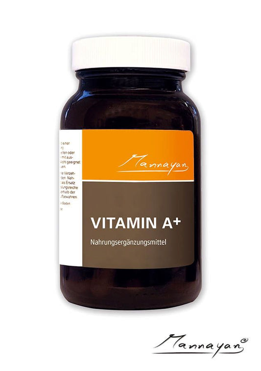 Mannayan VITAMIN A+ Nahrungsergänzungsmittel – braune Glasdose mit weißem Deckel und orangem Mannayan-Etikett, 60 Kapseln Vitamin A als Retinolpalmitat - Premium Produkt
